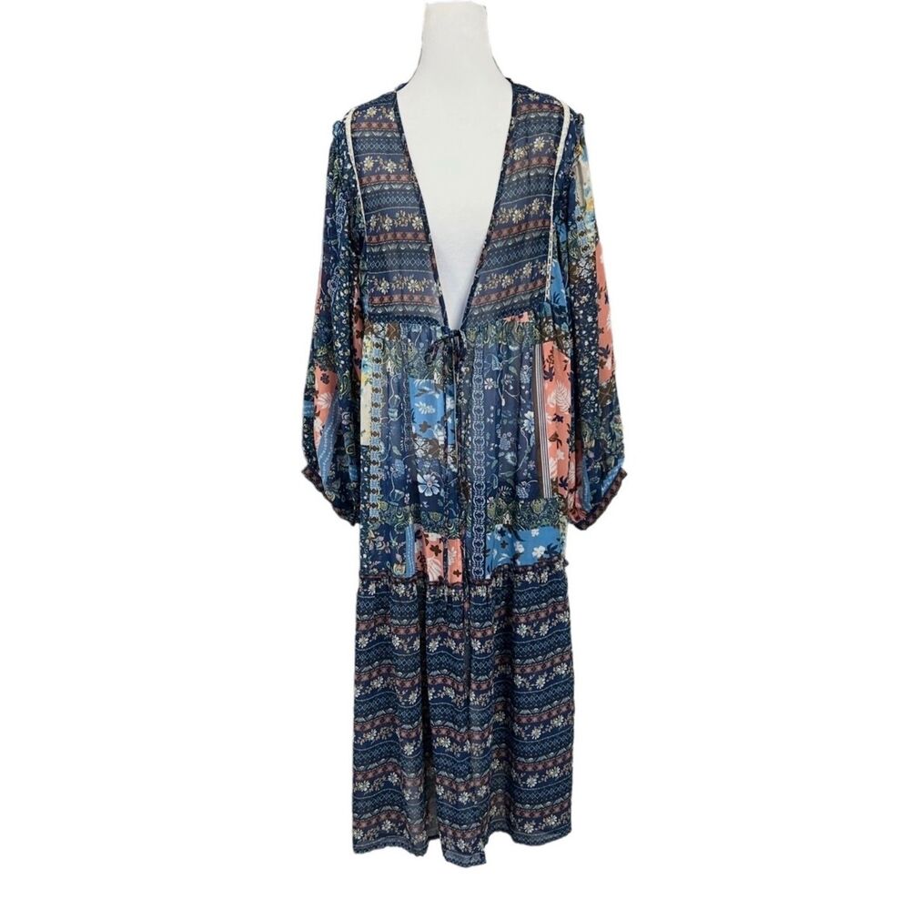 Umgee Duster Cardigan Patchwork Cottage Festival Hippie Coastal Sz S Blue